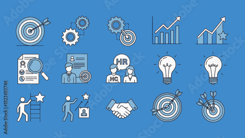 Business and HR icons on blue background, including target, gears, graphs, resume, lightbulbs, handshake, and people.