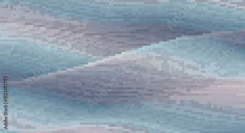 Abstract pixel art wave pattern featuring flowing curves of soft blue, grey, and white, creating a soothing digital liquid texture.