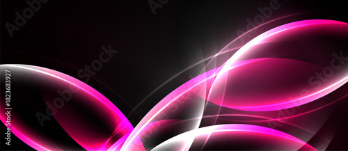 Abstract design features flowing pink, white lines against dark background. Smooth curves create dynamic visual effect. Modern, elegant composition.