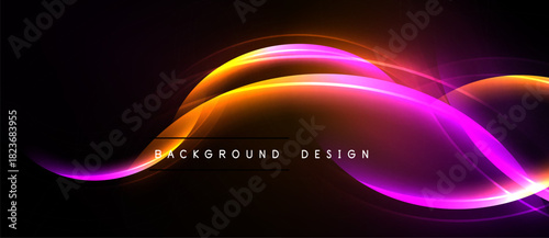 Abstract neon lines create dynamic curves. Orange, pink hues blend against dark background. Modern design element.
