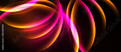 Abstract design features vibrant orange, pink luminous curves against black background. Flowing shapes create dynamic visual effect.