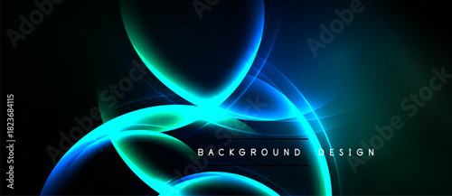 Abstract design features glowing curves, vibrant blue, green hues. Dark background emphasizes luminous shapes, creating dynamic visual effect.