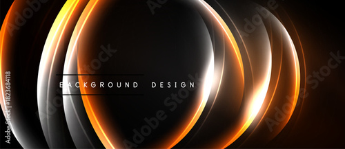 Abstract design features layered orange, white curves. Dark background creates dramatic visual effect. Text reads background design.