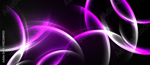Abstract design features flowing curves, vibrant purple hues, bright white light against dark background. Modern, dynamic composition.