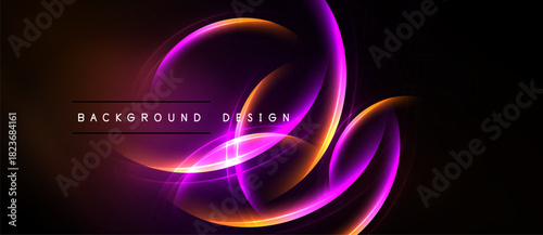 Abstract glowing lines create dynamic composition. Purple, orange hues dominate dark background. Modern design element.
