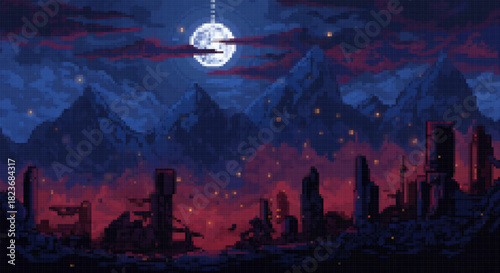 Pixel art post-apocalyptic cityscape with ruined futuristic skyscrapers, red fog, and mountains under a bright full moon at night.