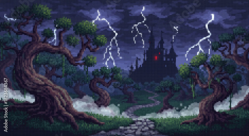 Pixel art spooky castle on a hill during a lightning storm, framed by twisted trees and thick fog along a winding stone path.