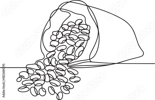 Continuous line art illustration of open burlap sack with spilling beans using handmade contour
