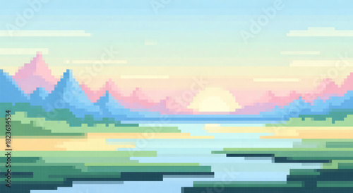Pixel art sunset landscape with a large glowing sun setting over a calm lake surrounded by pastel mountains.