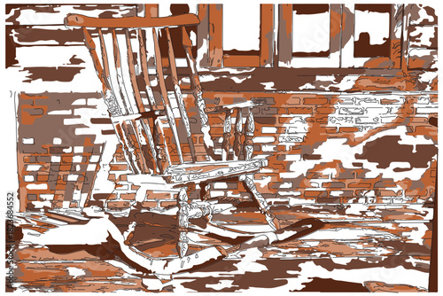 An antique rocking chair situated on the porch of a rustic log cabin.