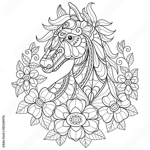 Horse in the flower garden hand drawn for adult coloring book