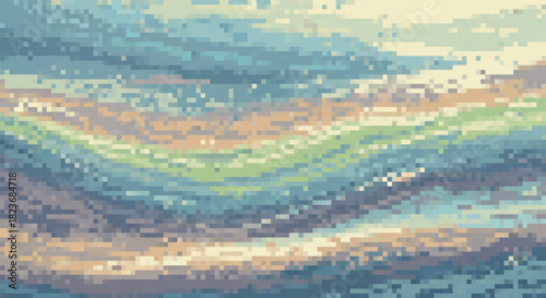 Abstract pixel art wave pattern with blending shades of beige, green, blue, and brown in a flowing digital gradient.