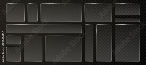Glass liquid ui button set with transparent 3d effect - rectangle frame box elements in various sizes and proportions, glossy morphism style borders for modern interface design on dark background.