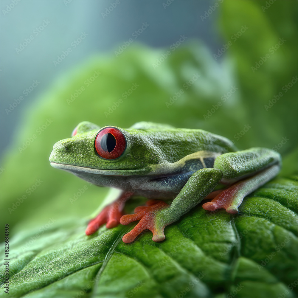 Obraz premium Red eyed tree frog with vibrant green body and orange toes sits on lush leaf, tropical rainforest atmosphere, vivid and lively mood