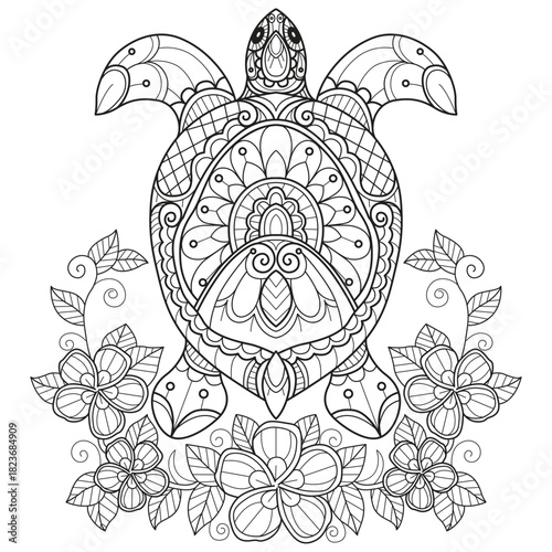 Sea turtle and flowers hand drawn for adult coloring book