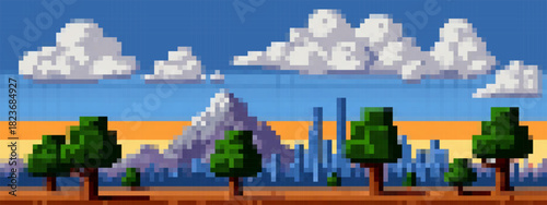 Pixel art landscape combining a green park with trees, a city skyline, and a large mountain peak under a blue sky with clouds.