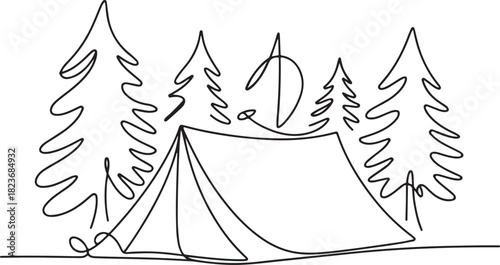 Continuous line art illustration of pitched tent among trees with handmade contour