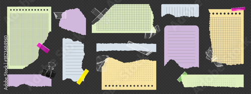 Ripped notebook paper strips with torn edges and realistic textures. Adhesive note sheets, memo labels and paper pieces with shadows. Scrapbook elements and poster frames for collage backgrounds.