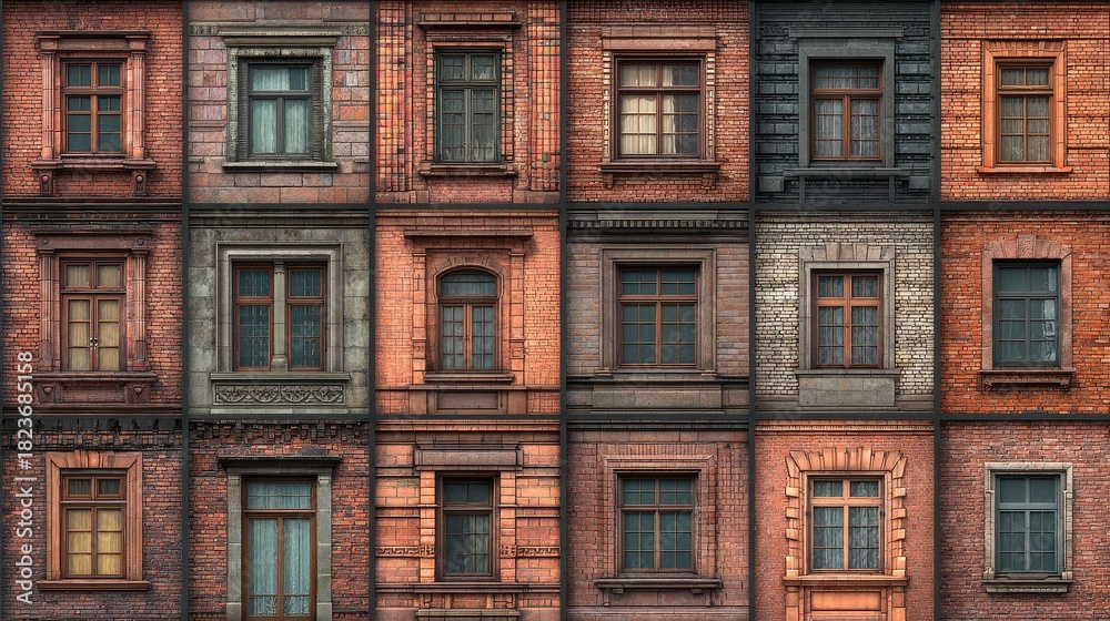 Fototapeta premium Grid of diverse brick facades showcasing various window designs and textures.