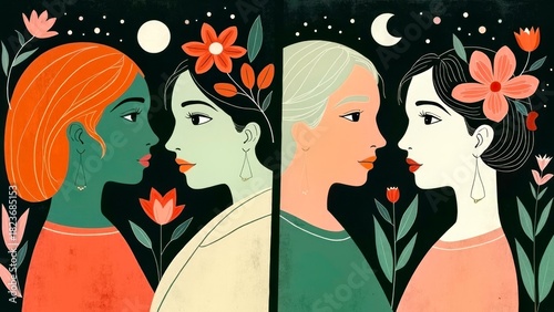 Flat style girl group portrait illustration