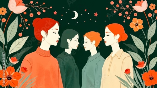 Flat style girl group portrait illustration