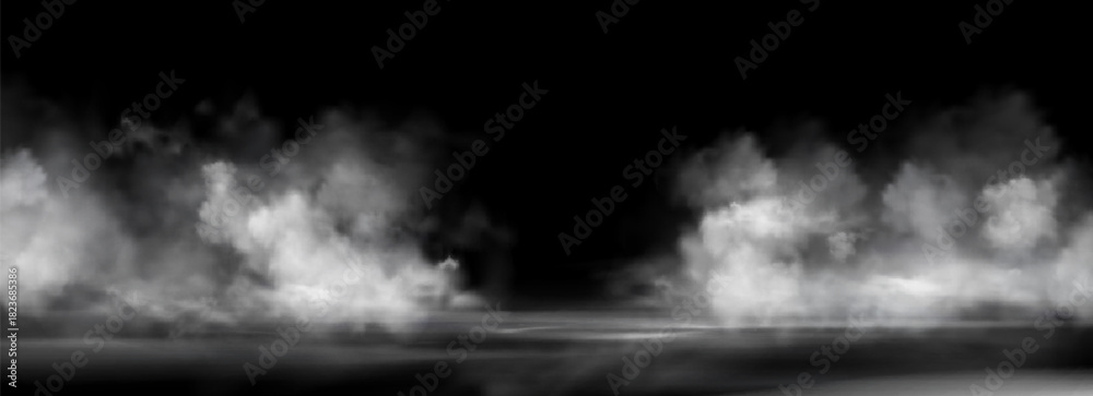 Naklejka premium Gray smoke clouds on black water surface. Vector realistic illustration of thick transparent fog, dirty dusty air, dark vapor floating at night, spooky Halloween atmosphere design, horror haze effect