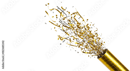 Gold and Silver Streamers and Confetti Bursting from a Party Popper explosion celebration isolated on a transparent background
