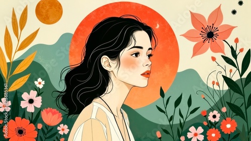 Flat Wind Flower Girl Illustration