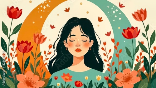 Flat Wind Flower Girl Illustration