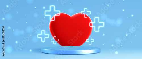 Medical podium stage with 3d red heart on blue background. Health technology product display platform surrounded by glowing white cross symbols and sparkling particles for medicine presentation.