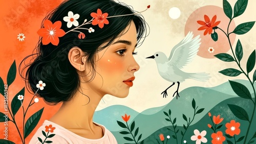 Flat Wind Flower Girl Illustration