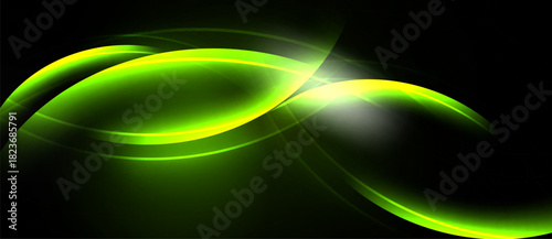 Bright green abstract design. Smooth curves create infinity symbol. Dark background emphasizes luminous shapes, modern aesthetic.