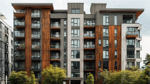 Modern multi-story residential apartment building with varied architectural design and materials.