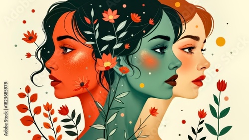 Flat style girl group portrait illustration