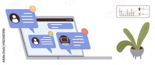 Laptop screen with multiple chat bubbles for communication, data graph for analysis, and potted plant. Ideal for remote work, digital interaction, teamwork, online business, virtual communication