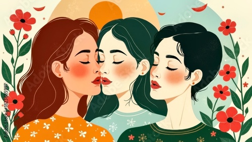 Flat style girl group portrait illustration