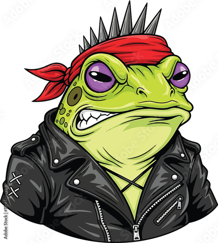 An angry punk rock frog with a spiked mohawk red bandana and black leather jacket.