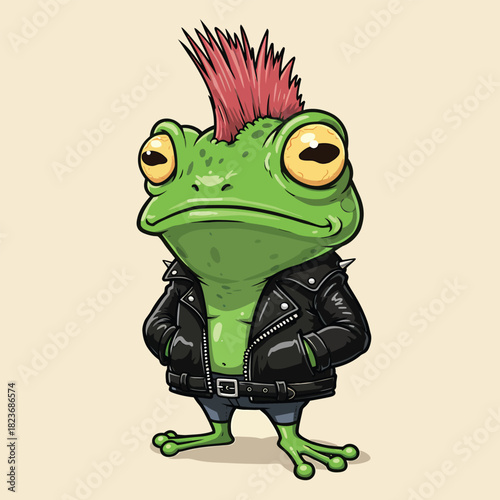 Cartoon Punk Rock Frog with a Red Mohawk and Black Leather Jacket.