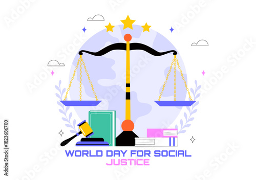 World Day of Social Justice Illustration Featuring Scales and a Gavel Symbolizing Fairness, Equality, and Protection Against Injustice Background