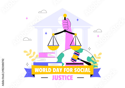World Day of Social Justice Illustration Featuring Scales and a Gavel Symbolizing Fairness, Equality, and Protection Against Injustice Background