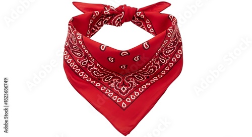Red Bandana with Paisley Pattern Tied in a Knot.