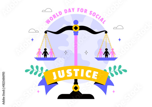 World Day of Social Justice Illustration Featuring Scales and a Gavel Symbolizing Fairness, Equality, and Protection Against Injustice Background