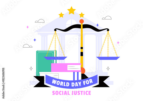 World Day of Social Justice Illustration Featuring Scales and a Gavel Symbolizing Fairness, Equality, and Protection Against Injustice Background