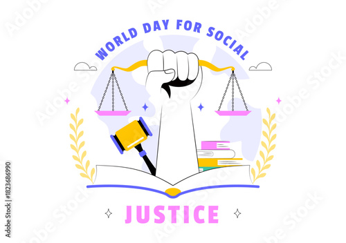 World Day of Social Justice Illustration Featuring Scales and a Gavel Symbolizing Fairness, Equality, and Protection Against Injustice Background