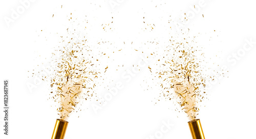 Two Gold Confetti Cannons Exploding with Streamers and Glitter on Black explosion isolated on a transparent background