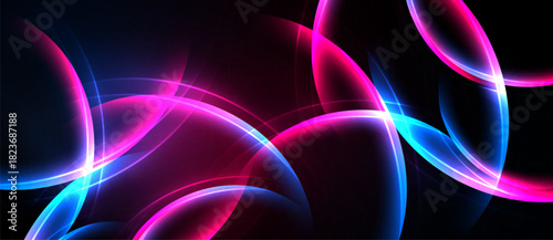 Abstract neon lights form flowing curves, vibrant pinks, blues against dark background. Dynamic energy radiates from design.
