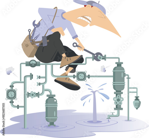 Mechanic. Broken pipe construction