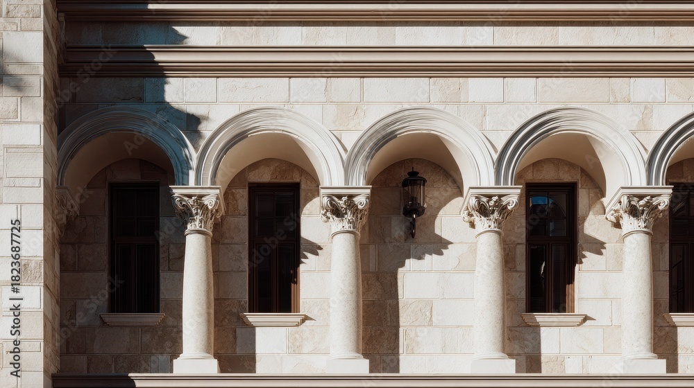 Obraz premium Sunlit Classical Facade with Arched Windows and Corinthian Columns