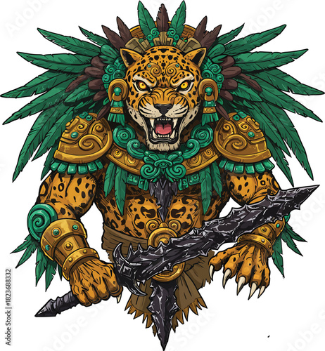 Fierce Aztec Jaguar Warrior God with Green Feathered Headdress and Obsidian Blade.