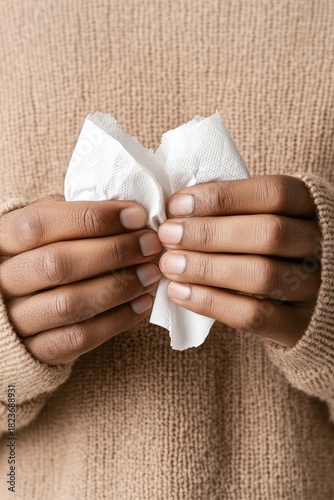Hands gently hold soft white crumpled paper tissue. Sickness, illness, and virus prevention. Health, hygiene, and wellness concept. Finding comfort from cold or flu.
